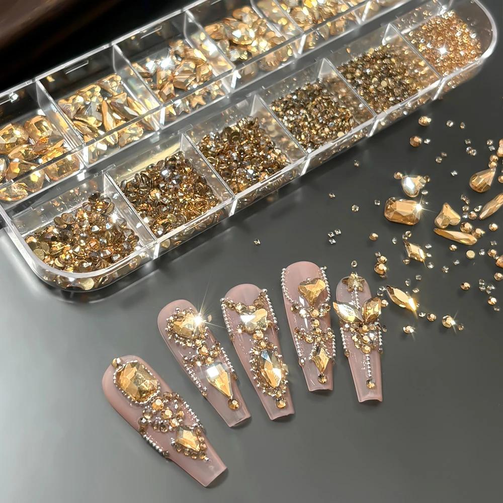 1Box Heart Butterfly Star Round Stones Nail Accessories Champagne Gold Multi-shape Nail Rhinestones Everyday DIY Nail Art Crafts