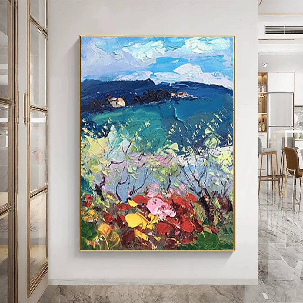 거실용 캔버스에 수제 유화, 현대 벽 예술, 실내 장식 그림, 추상 풍경 꽃