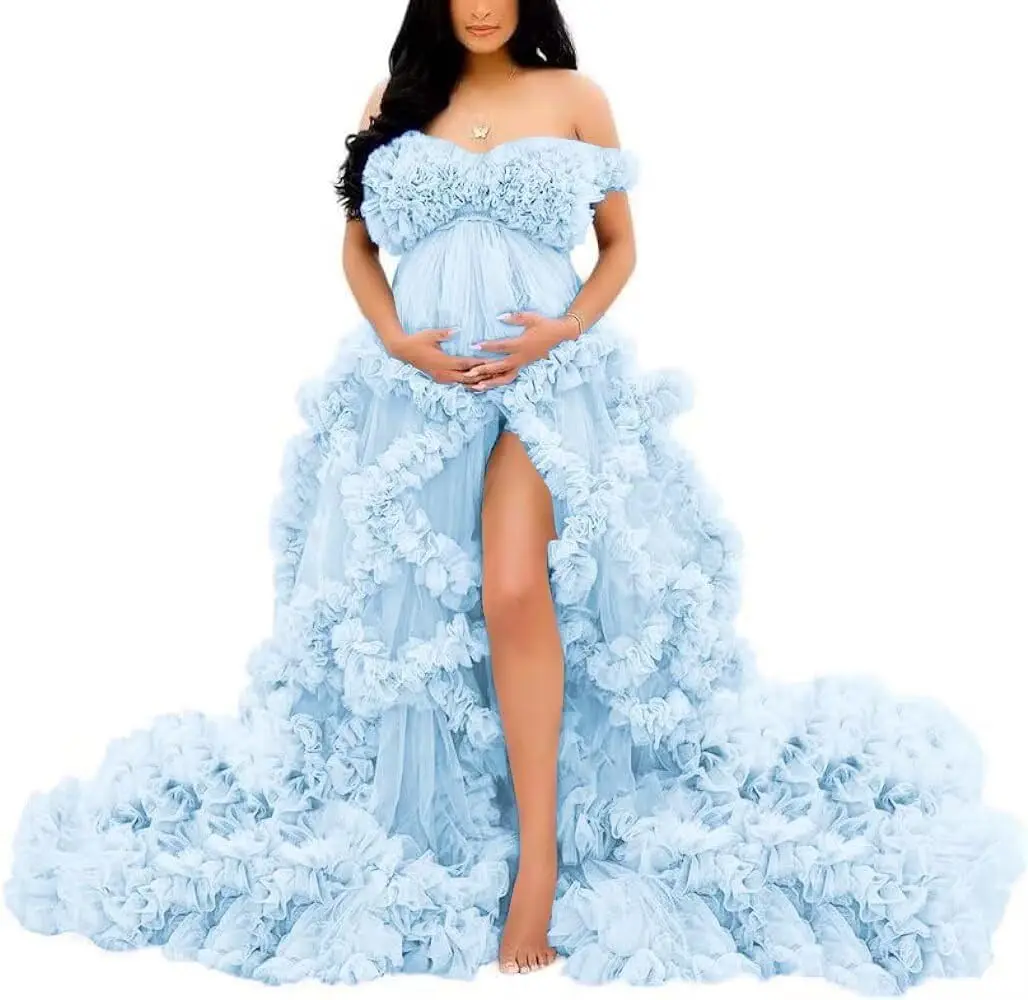 Fotoshoot & babyshower tule zwangerschapsjurk - off-shoulder, puffy ruches, elegante lange jurk voor zwangerschap