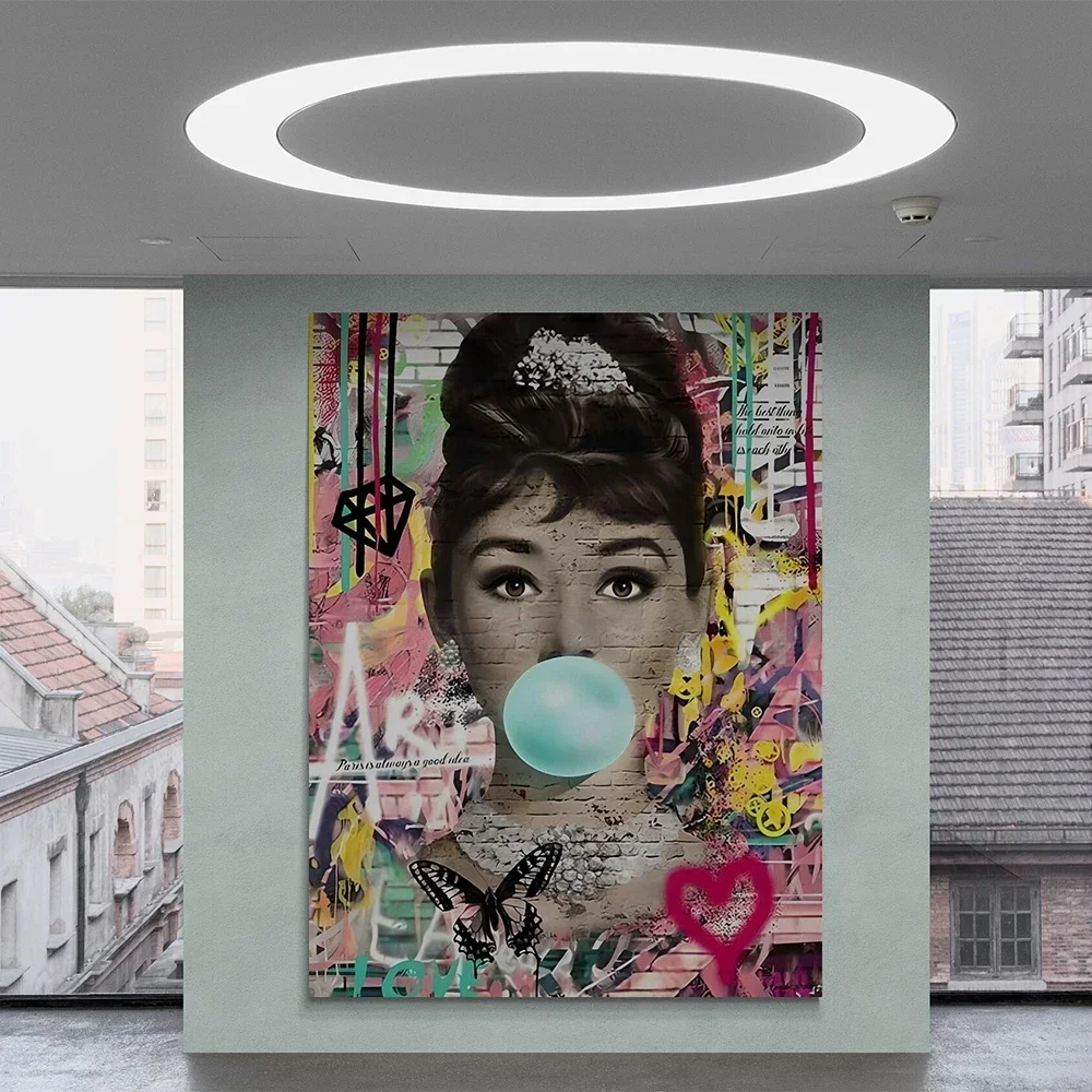 Hepburn Poster Print Pictures Famous Movie Star Chewing Gum Street Art Pop Art Canvas Painting Home Decor Women Room Wall Art