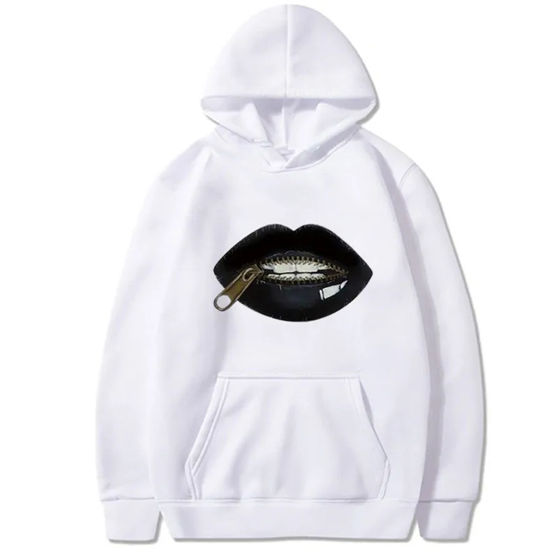 เสื้อสเวตเตอร์มีฮู้ดแขนยาวที่อบอุ่นพร้อมรูปแบบการพิมพ์ที่สนุกสนานบนซิปริมฝีปากสตรีทแวร์ผู้หญิงเสื้อฮาราจูกุ