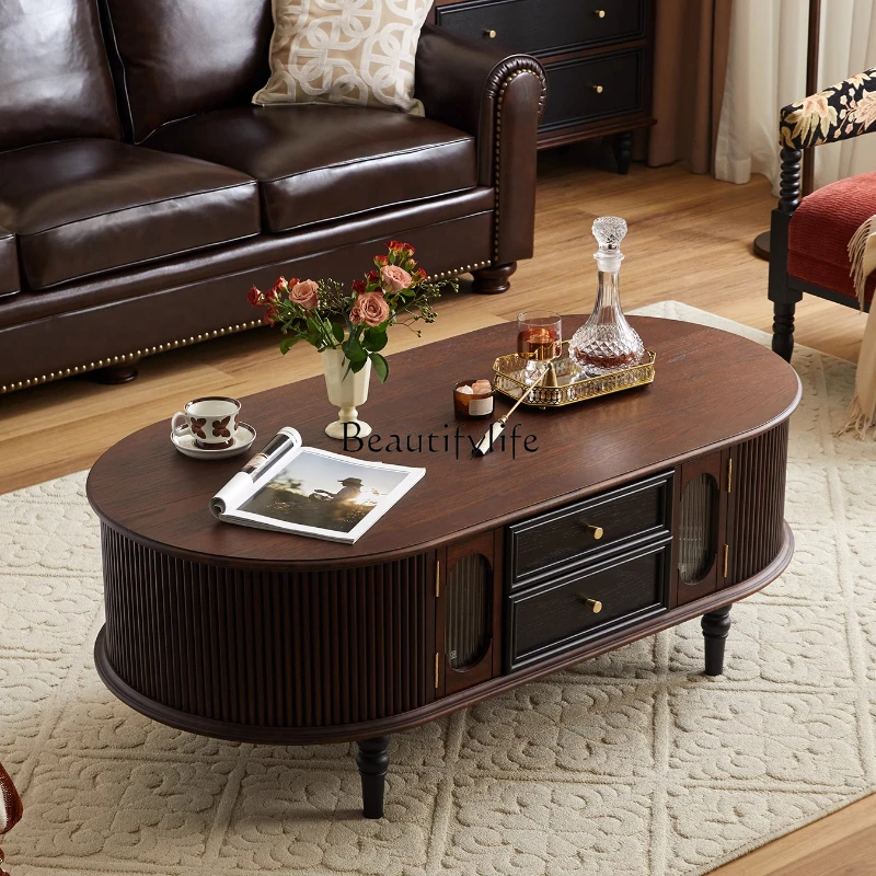 

French retro solid wood coffee table living room furniture medieval high-end black American tea table