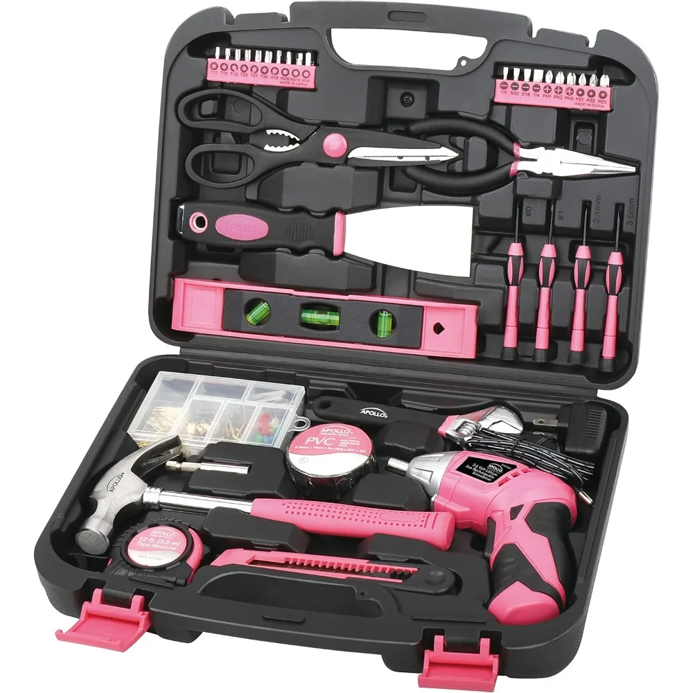 

135 Piece Household Tool Kit Pink with Pivoting Dual-Angle 3.6 V Lithium-Ion Cordless Screwdriver