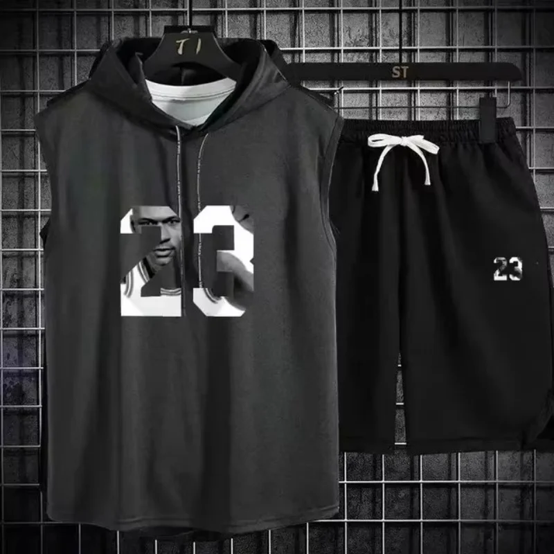 Summer New Men's Sleeveless Hooded T-shirt+shorts pants Sports two-piece set gym  Fashion  Casual Men Women Sports Two Piece Set image 6