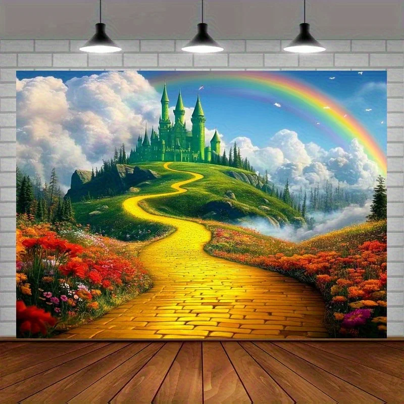 wizard of oz tapestry yellow brick road leading to emerald castle rainbow sky fantasy landscape wall decor for kids room nursery