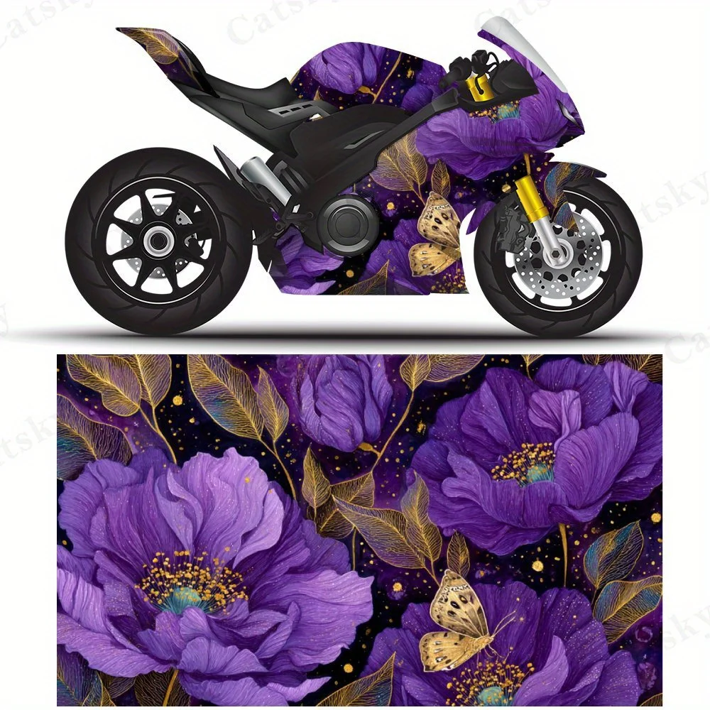 

Фиолетовые цветы с золотыми листьями и бабочкой, наклейки на мотоциклетную пленку, прочные клейкие наклейки из ПВХ для мотоциклов Customizati