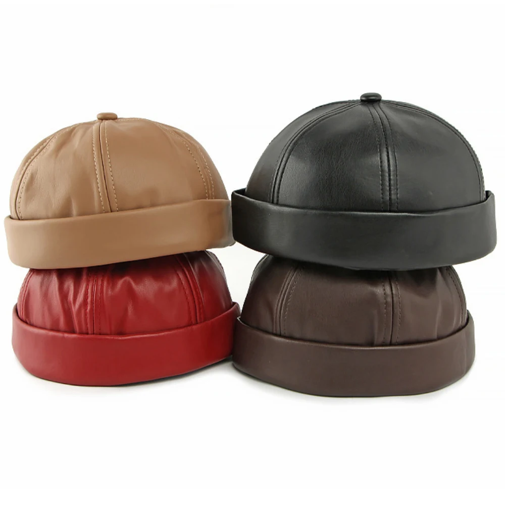 

HT5049 Classic PU Leather Caps for Men Women Adjustable Skull Cap Male Female Beanie Hat Spring Autumn Solid Plain Hip Hop Caps