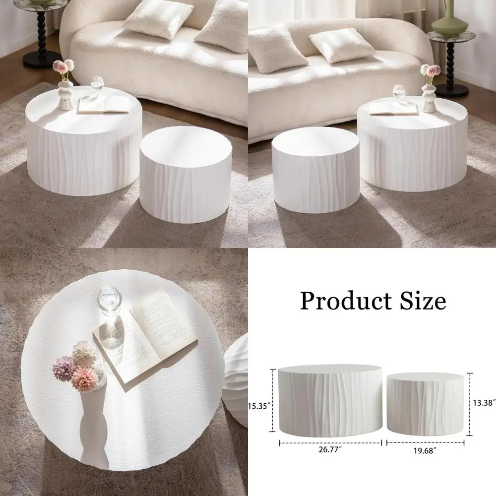 

Modern White Wooden Circle Coffee Table Set of 2, Contemporary Nesting Side Tables for Living Room, Ready to Use, 46.45 inches
