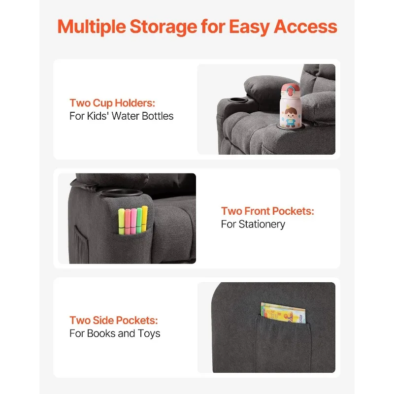 Kids Reclining Chair, Toddler Recliner with Cup Holders and Pockets, 107° to 126° Adjustable Backrest, Breathable Polyester