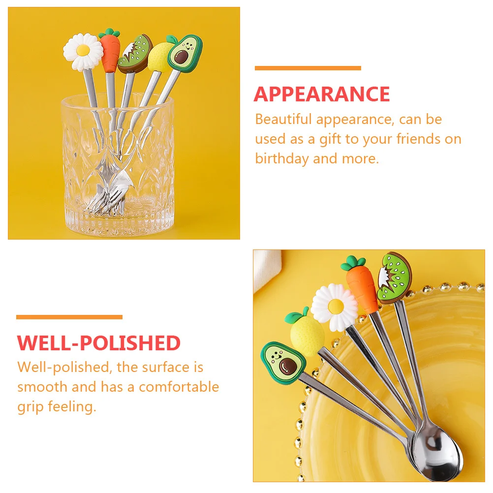 

2pcs Stainless Steel Spoon Fork Set Fruit Dessert Spoons For Home Office Bakery Coffee Shop Ice Cream Reusable Silicone Handle