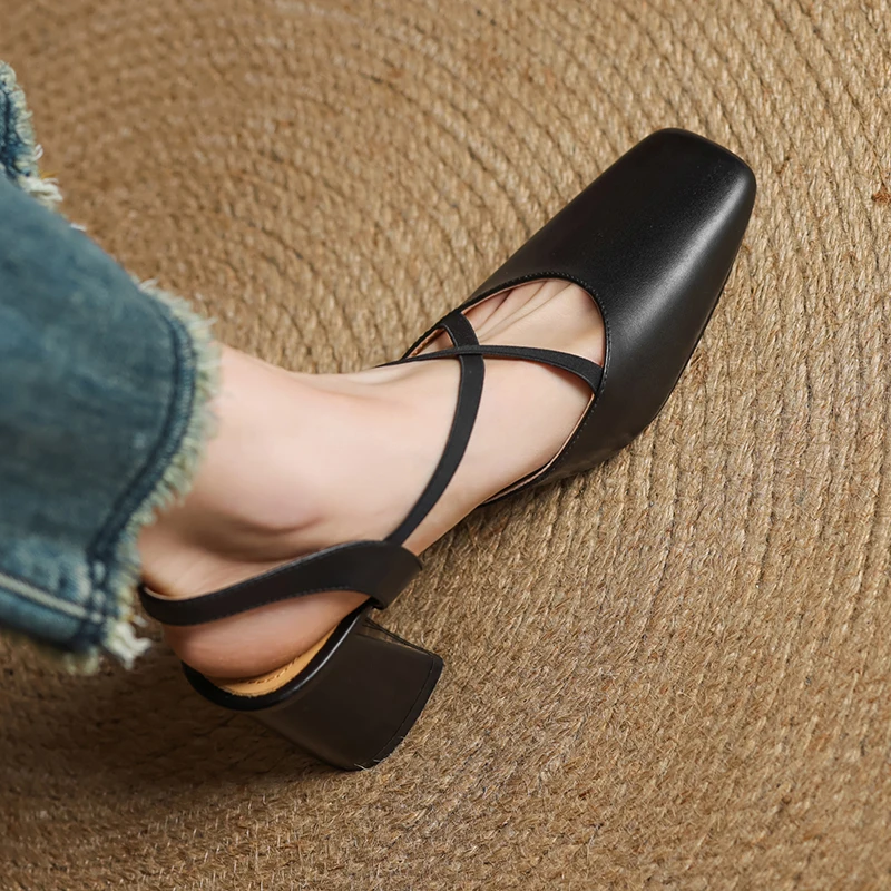 2026 New Size 34-40 Women Vintage Sandals Real Leather Retro Square Tor High Heels Summer Shoes Slingback T-Strap Office Daily view 6