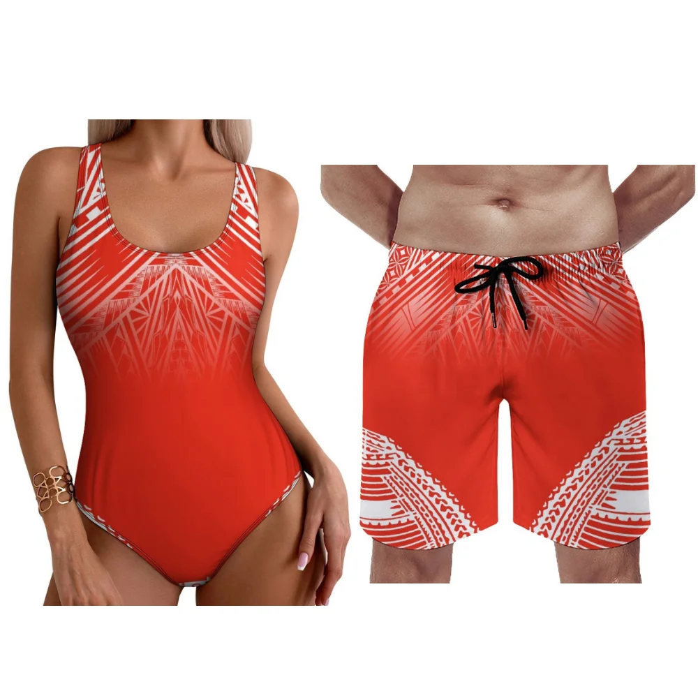 

Customizable Polynesian Hot Summer Lace Couple Set Women Bikini Men Trunks Beach Swimwear Tropical Escape