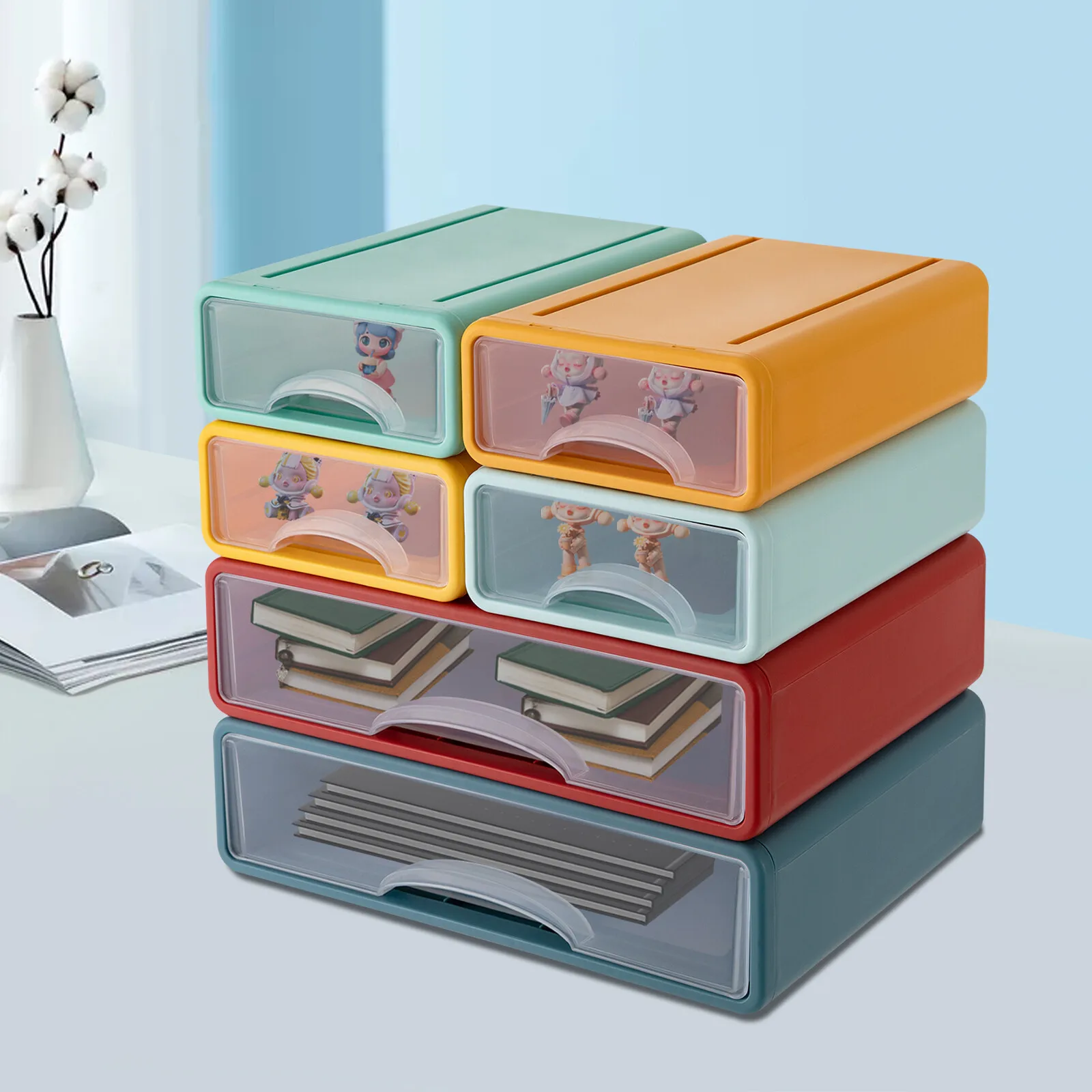 

2 Large + 4 Small Stackable Desktop Plastic Drawer Organizer Colorful
