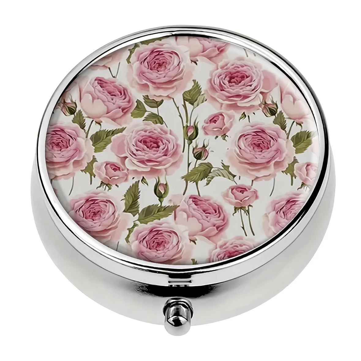 Round Pill Case with 3 Compartments - Portable Medicine Storage Organizer,Metal Pill Box with Floral Rose Design,Travel-Friendly