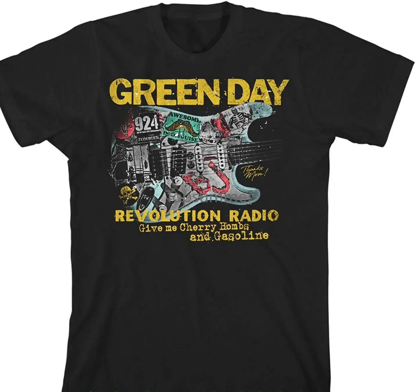 Green Day Guitar Blue T-Shirt Tshirt Men Black Short Sleeve Cotton Hip Hop T-Shirt Print Tee Shirts