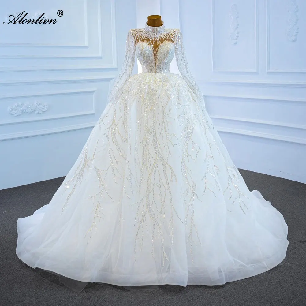 Alonlivn luxo bling decote alto de uma linha vestido de casamento princesa apliques brilhantes mangas completas nupcial dess