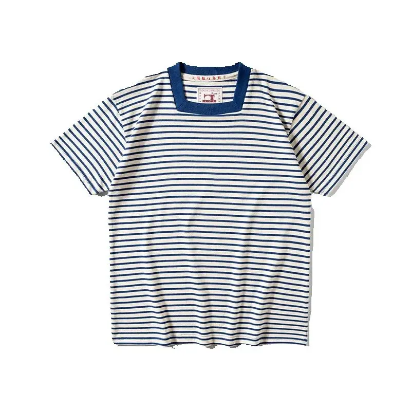 

Original square collar striped T-shirt, heavyweight pure cotton men's T-shirt, washed retro sea soul shirt, short sleeved shirt