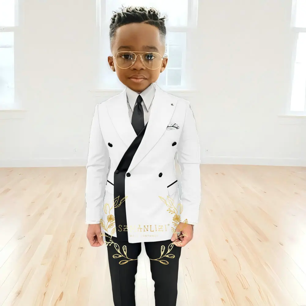 

Double Breasted White Boy Suits Slim Fit Set Kids Blazer Pants Clothes Wedding Performance Party Costume Children Tuxedos