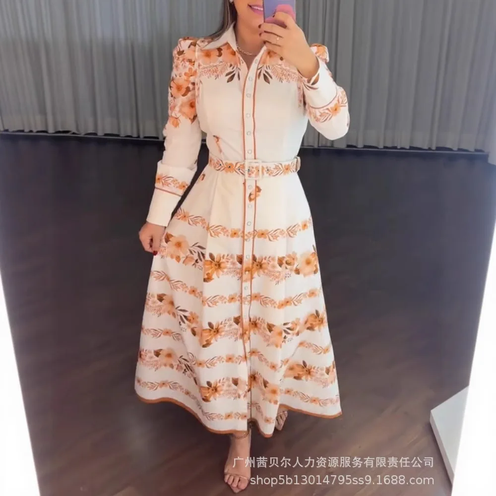 

Print Floral Dress Women Elegant Three Quarter V Neck Dresses A Line Single Breasted Long Vestidos Party Y2k Office Lady Summer