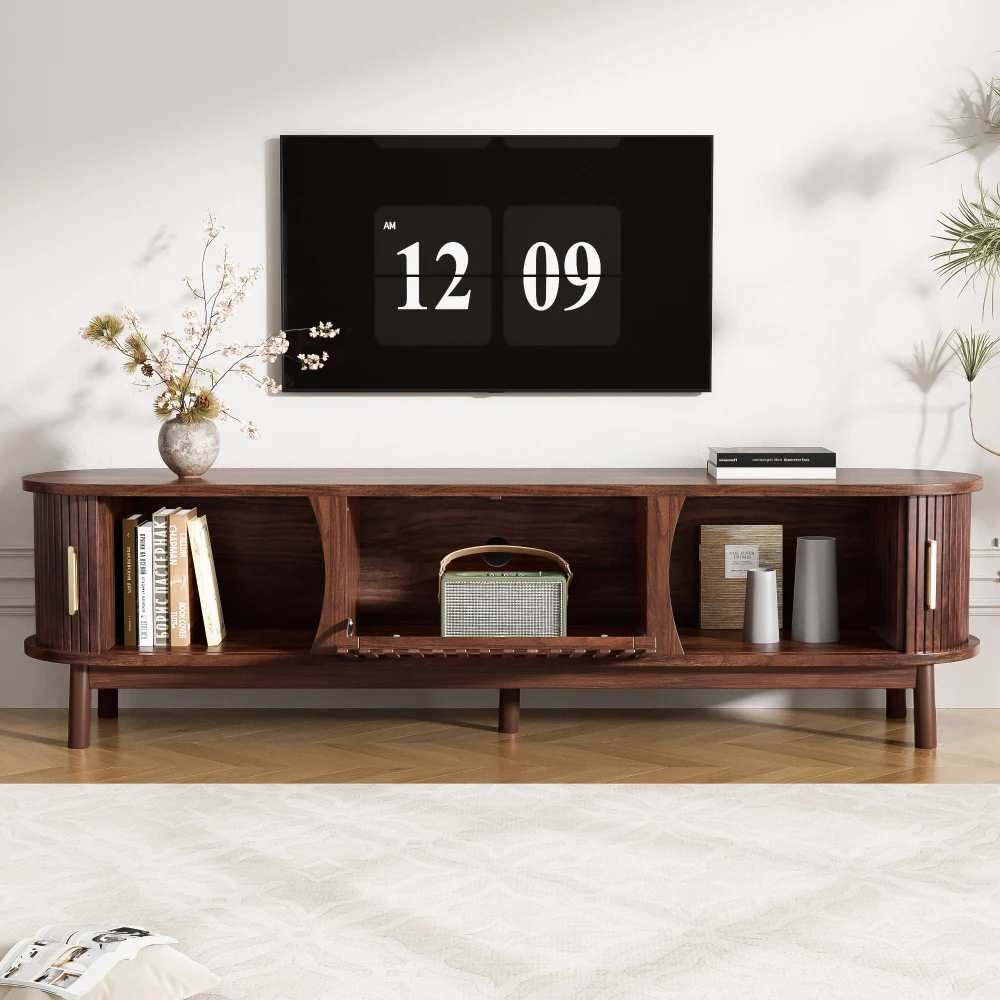 Meuble TV en bois de noyer au design moderne avec façade à lattes et portes de placard, console multimédia pour salon 165 x 39,5 x 46 cm