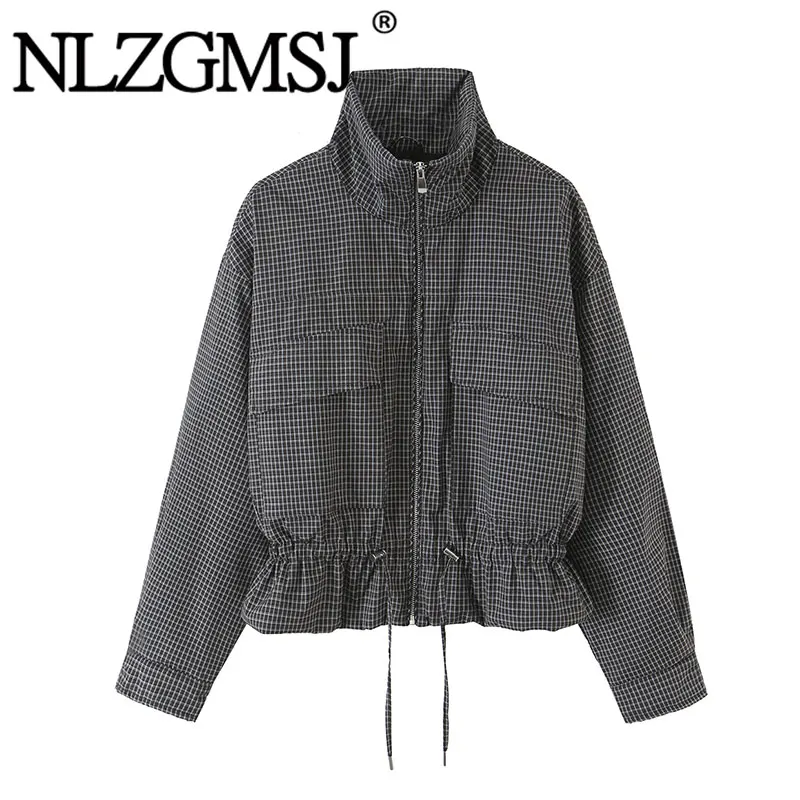 Nlzgmsj 2026 Autumn Women Plaid Stand Collar Full Zip Drawstring Hem Pocket Jacket Loose Casual Short Outerwear Coat Y2K