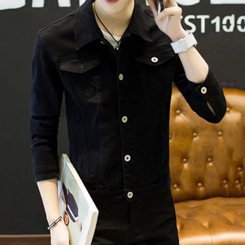 Men Jacket Lapel Jacket Stylish Men\'s Slim Fit Denim Jacket Solid Color Turn-down Collar Long Sleeve Outerwear for Spring Autumn