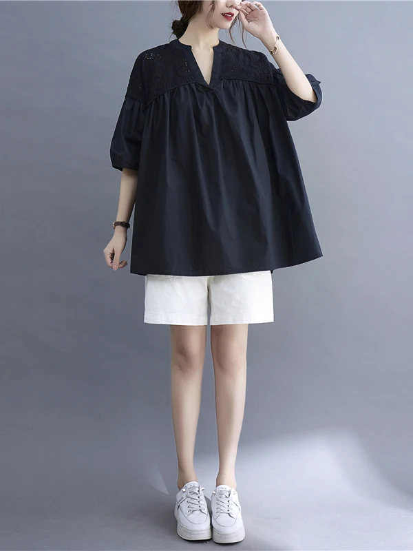 

Plus Size Faionable Summer Loose Casual Splice Hollow out Trendy Women's irt Large Size MM Doll Top Breathable Comfortable Bl...