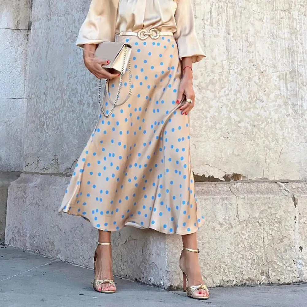 

Vintage High Waist Dot Print OL Style Women Skirt Boho A-line Casual Long Skirts Dress Up Mid-calf Length Spring Autumn Skirt