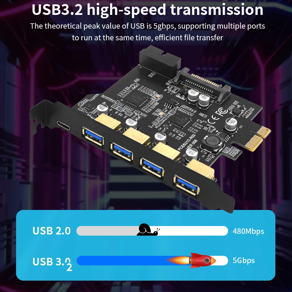 TISHRIC USB 3.0 PCI-E Expansion Card Adapter Pcie To USB Controller 2/4/5 port Usb 3.2 TYPE-C/19Pin PCI Express 1x Riser Card