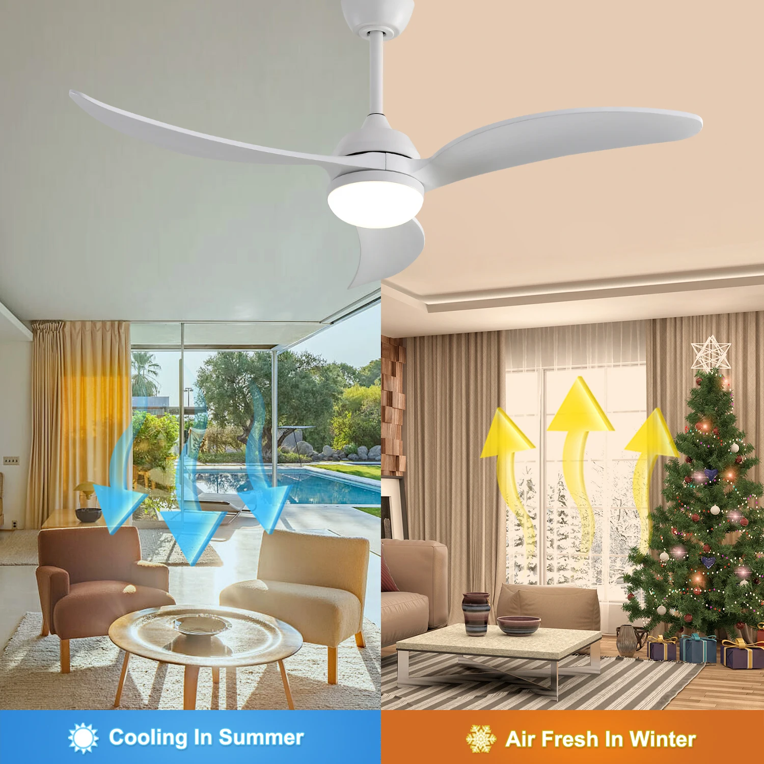 

52 Inch Indoor Ceiling Fan With Dimmable Led Light 3 Solid Wood Blades Remote Control Reversible DC Motor White For Living Room