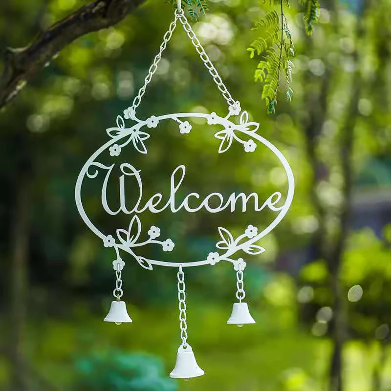 Vintage White Green Black Iron Hanging Welcome Sign Plaques Wind Chime For Home Indoor Outdoor Wall Decoration