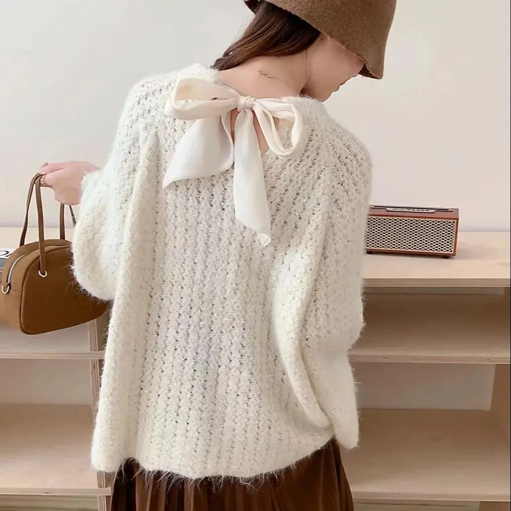 O-neck lace up bow sequin soft and sticky knit sweater top 2024 women's autumn new Korean loose and sweet pullover sweater