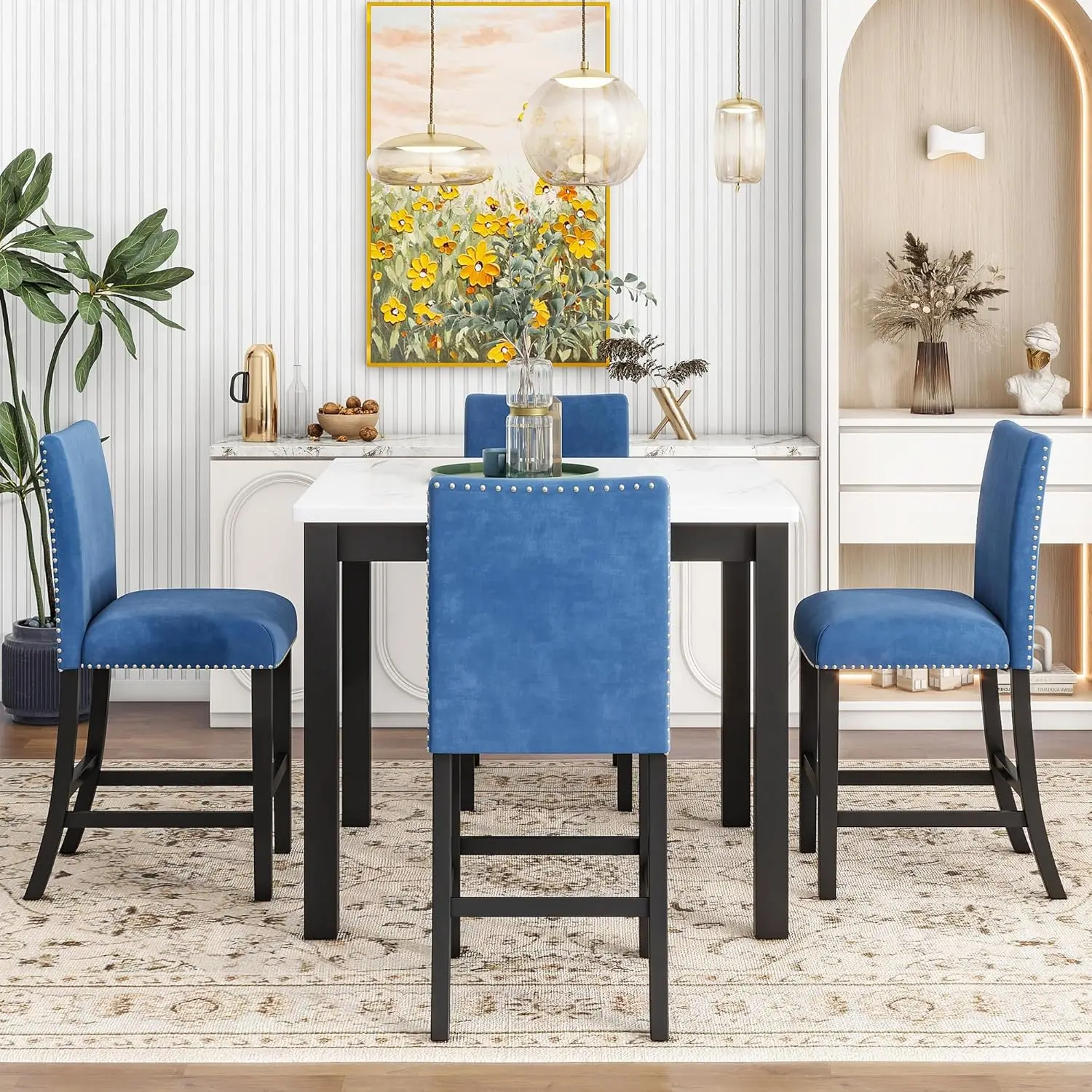 5-Piece Counter Height Dining Table Set with One Faux Marble Top 35 inch Square Dining Table and Four Velvet-Upholstered Chairs