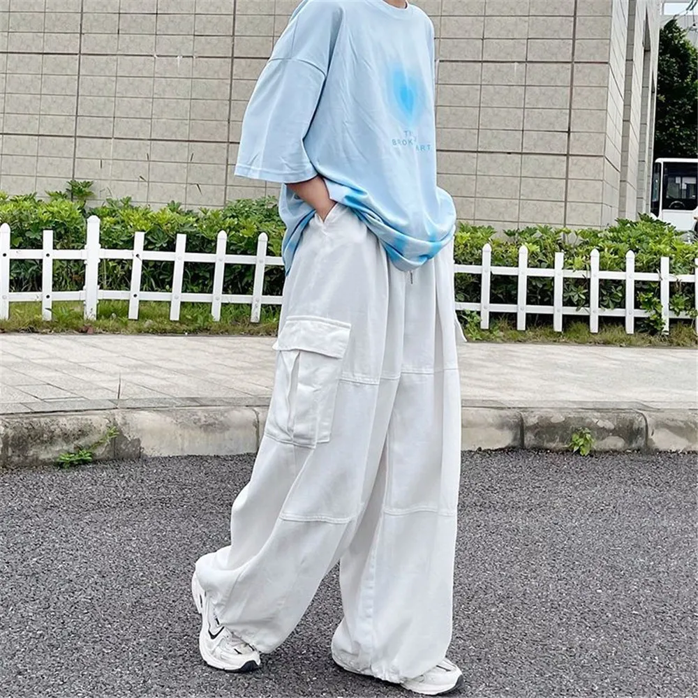 

Spring Casual Oversize Multi-Pocket Cargo Pant Streetwear Solid Harajuku Loose Neutral Straight Trouser Wide-leg Baggy Sweatpant