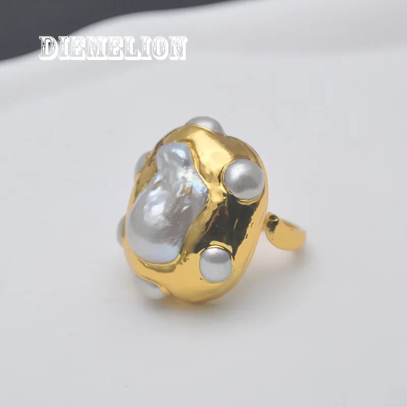 1pc New Fashion Natural Freshwater Baroque Pearl Rings for Women 18K Gold Plated Resizable Big Pearl Ring Female Fine Jewelry