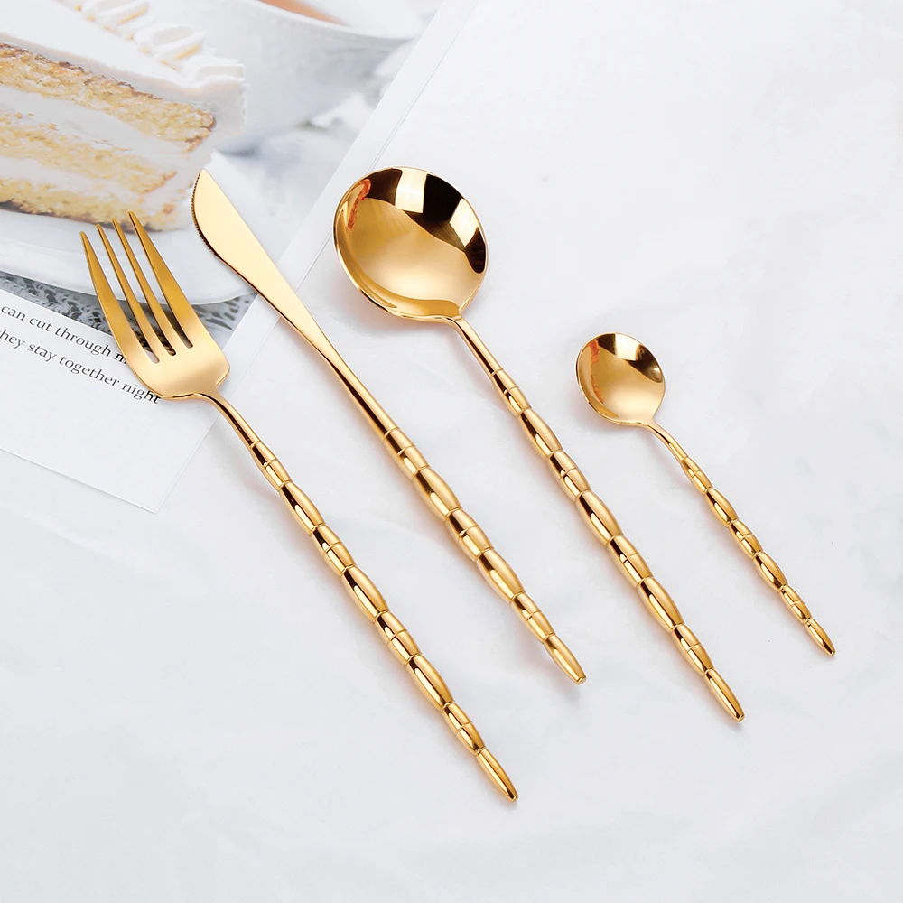 6/16Pcs Gold Tableware Stainless Steel 304 Cutlery Elegant Dinner Set Western Knife Fork Spoon Bead Shaped Handle Flatware