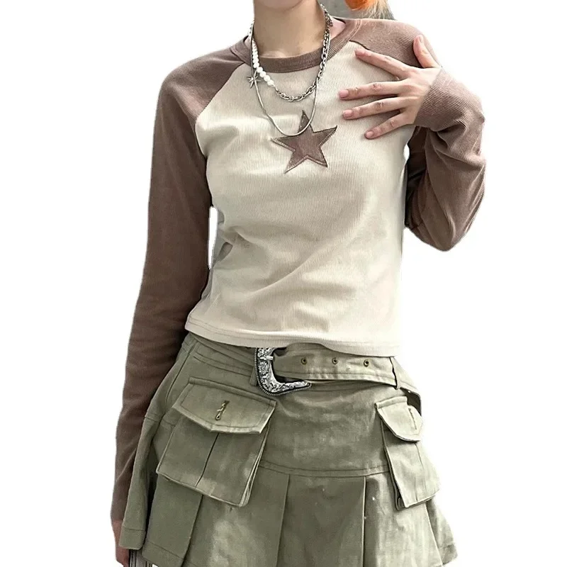 

Autumn and winter retro y2k brown crop top women's hippie fashion hot outdoor top Harajuku long sleeved T-shirt women's