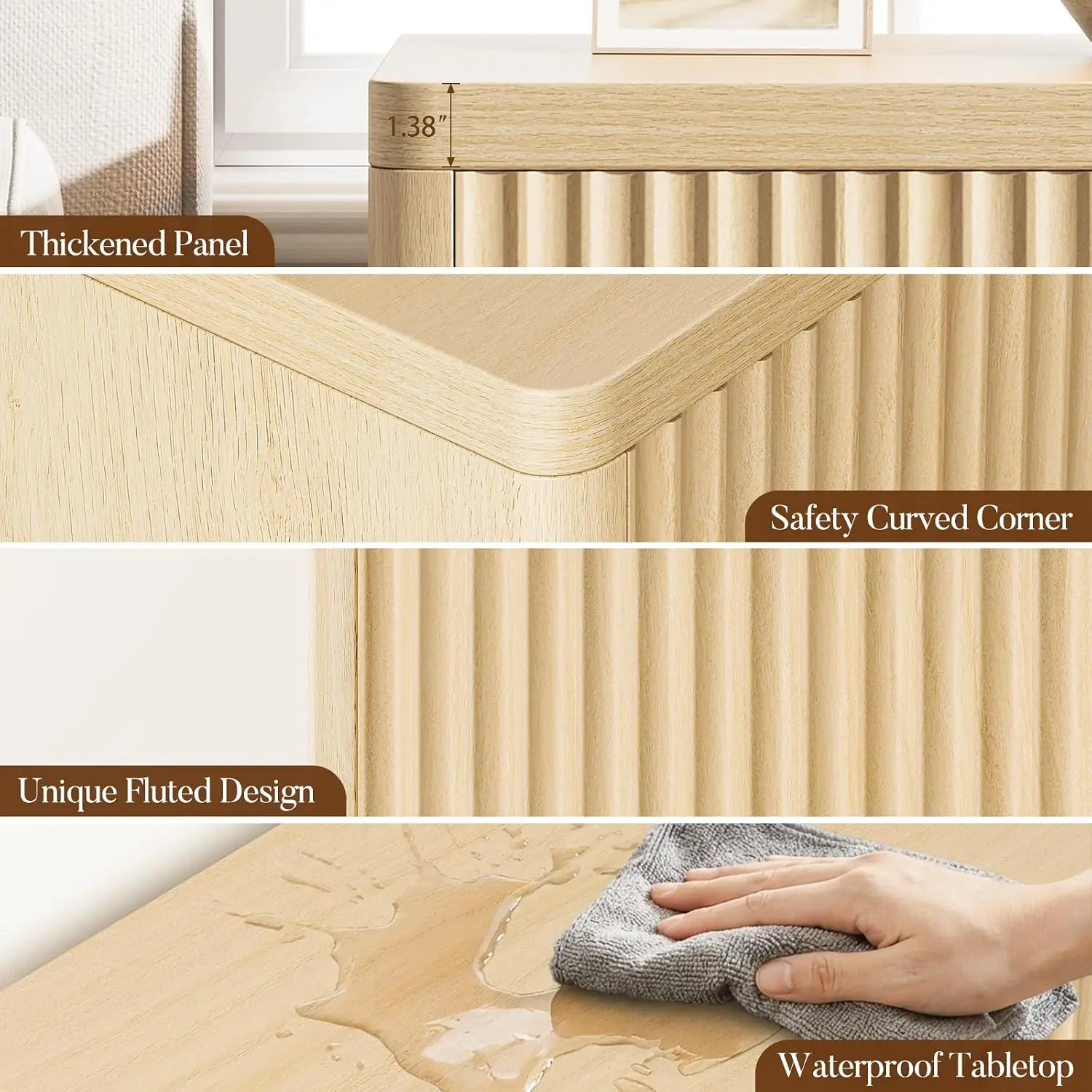 Night Stand Fluted Nightstand with Drawers, Wood Bedside Table with Storage, Bed Side Table End Tables for Bedroom