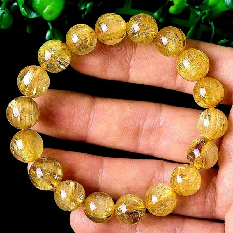 7-14mm Natural Gold Rutilated Quartz Bracelets Stone Beads Unisex Bracelet Women Crystal Stone  Jewelry Men Bangles Decoration