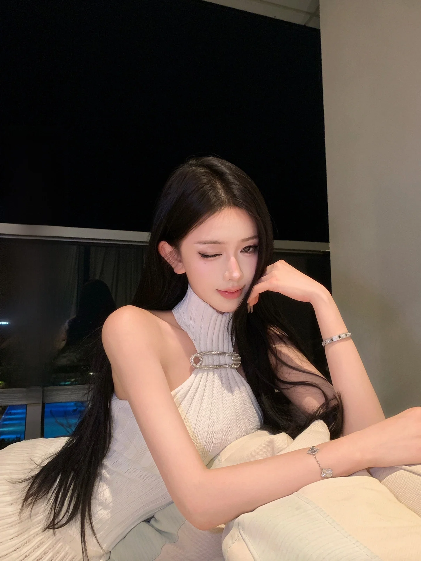 

Романтичный вязаный топ Lille Jayky Yang Metal Bule с высоким воротником, в полоску, укороченный, облегающий, женская кофта