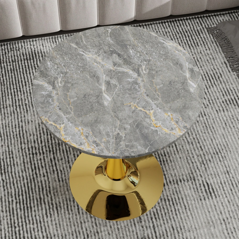 27.6inch Gold Coffee Table Mid-century Modern Style Dining Table 2-4 People Featuring A Round Dark Gray Textured Marble Tabletop