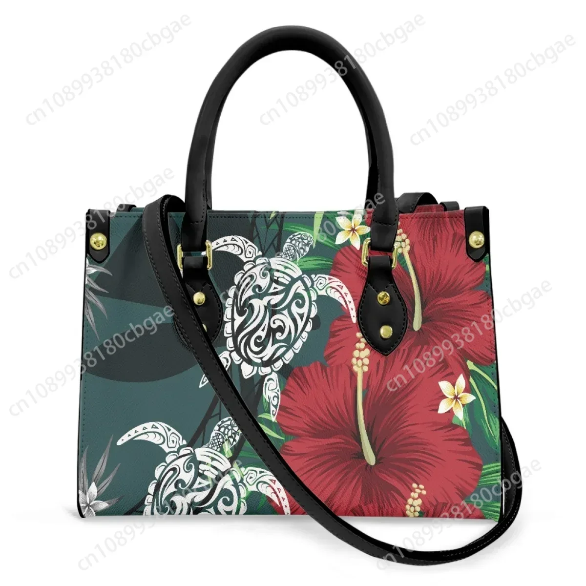 Polynesian Tribal Printed Crossbody Bag for Women Hawaiian Hibiscus Flower with Tattoo Sea Turtle Pattern Leather Handbag Female