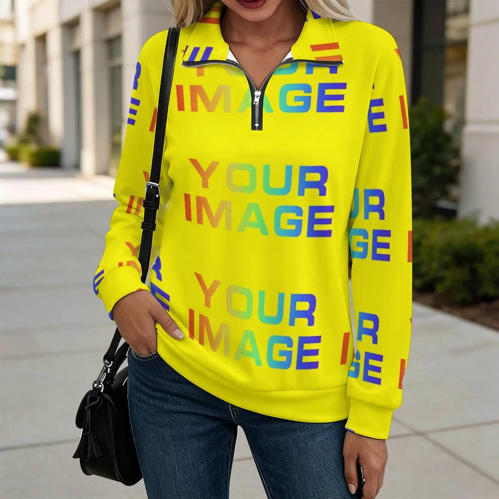 Long-sleeved Women Sport Gym Hoodie Quarter 1/4 Zipper Sweatshirt Stand Up Collar Pullover Fitness Loose Custom Print On Demand