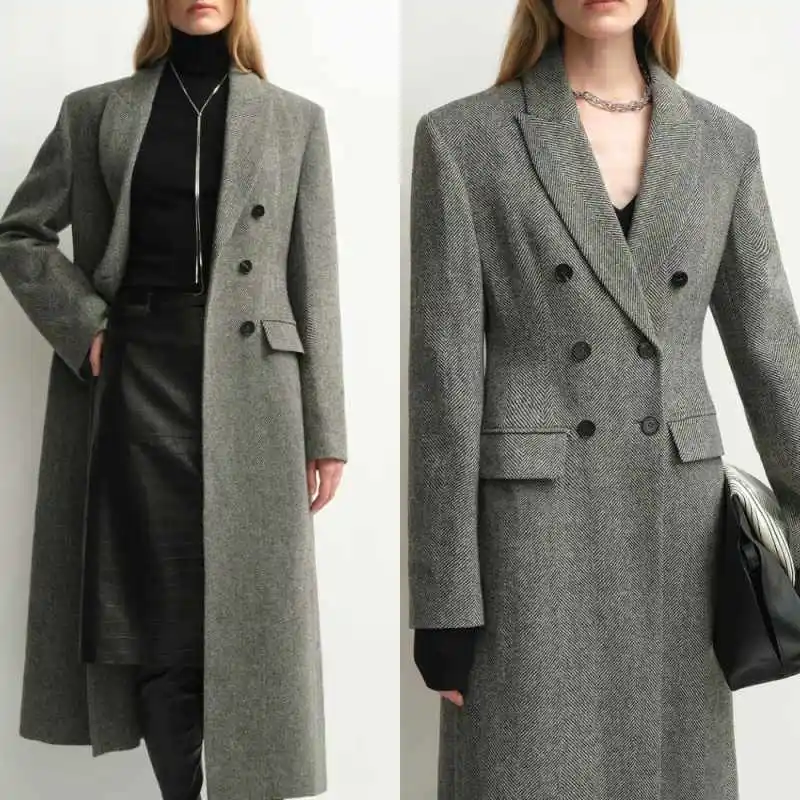 

Classic Herringbone Women Long Coat Double Breasted Peaked Lapel Jacket Blazers Winter Thick Customized One Piece Overcoat