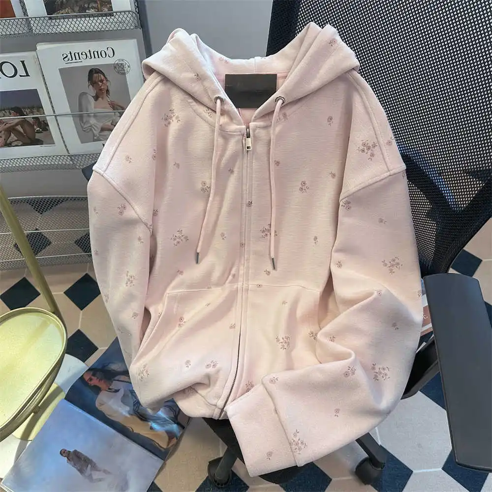 

Spring Autumn Hooded Women's Coat Cute Flower Pattern Loose All Match Tops Krean Style Casual Daily Commuting Cardigan
