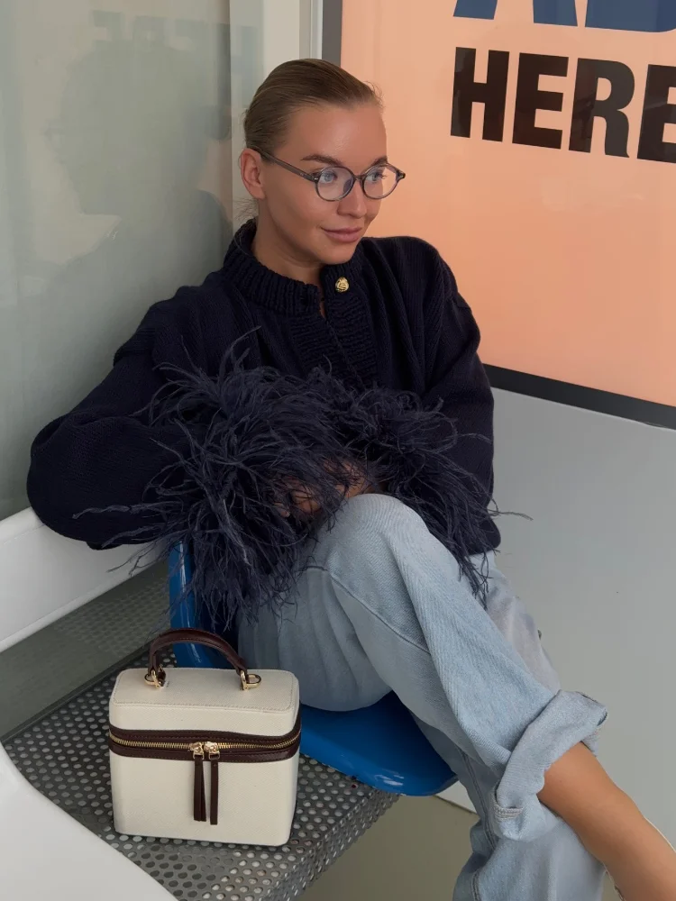 Women Chic Feather Patchwork Knitted Cardigan O-neck Long Sleeve Single-breasted Short Sweater 2025 Lady High Street Knitwear ﻿