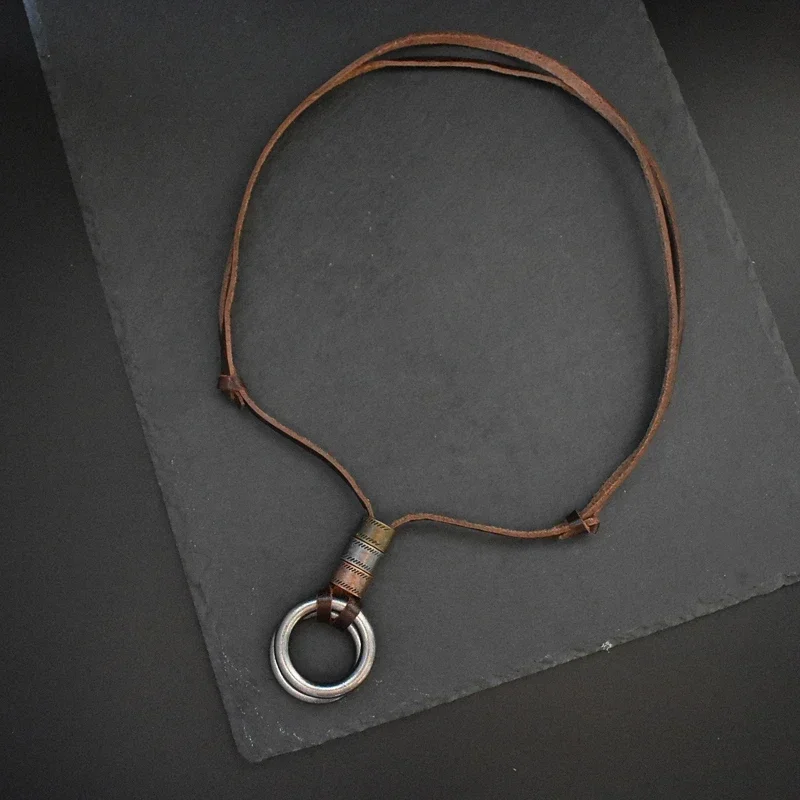 Boho Vintage Men Necklace Adjustable Genuine Leather Cord Necklace Double Circle Pendant Long Necklace Gift Handmade Jewelry