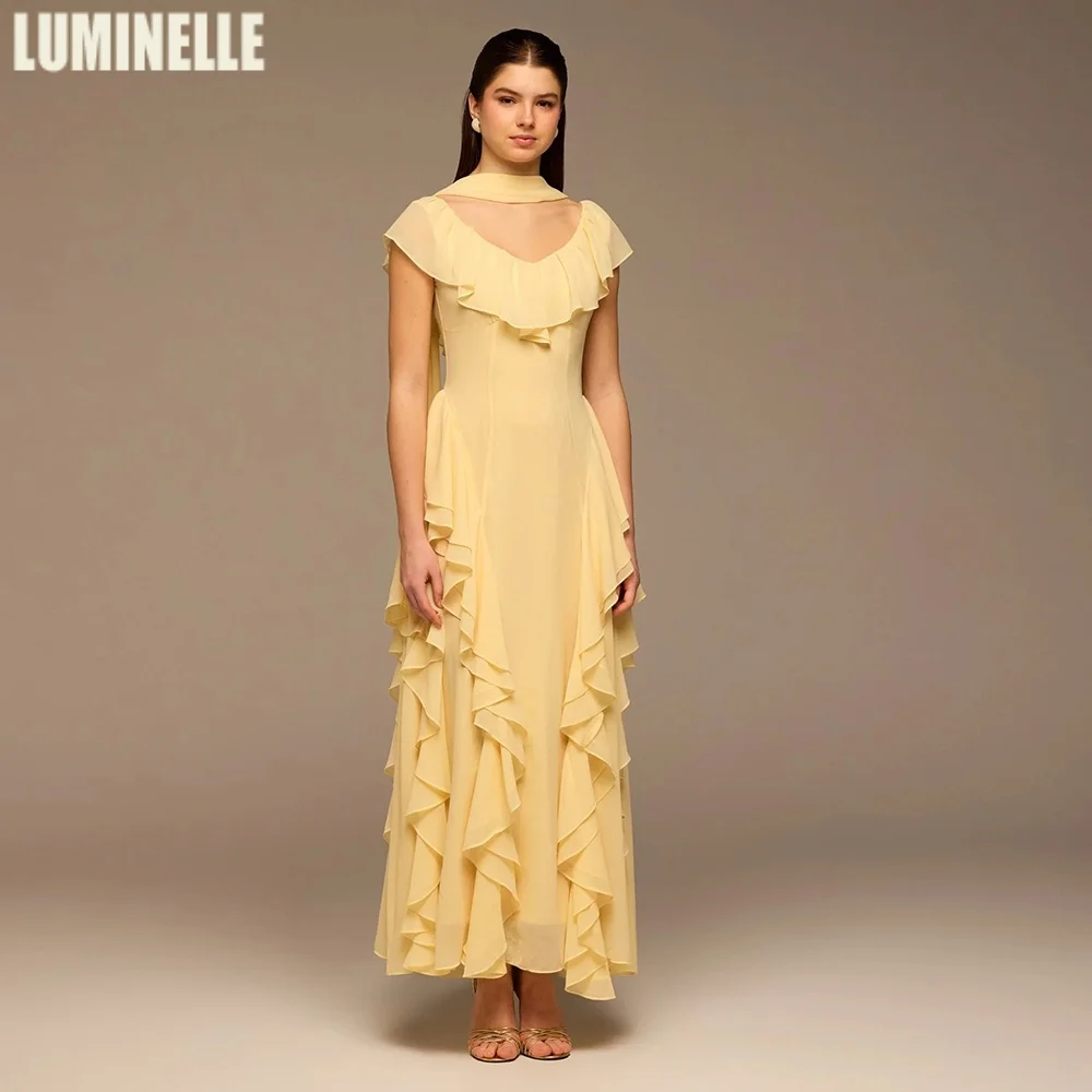 

Yellow Ruffle Chiffon Maxi Evening Dress For Women 2026 Elegant V-Neck With Scarf Summer Party Dresses Ankle Length Gowns