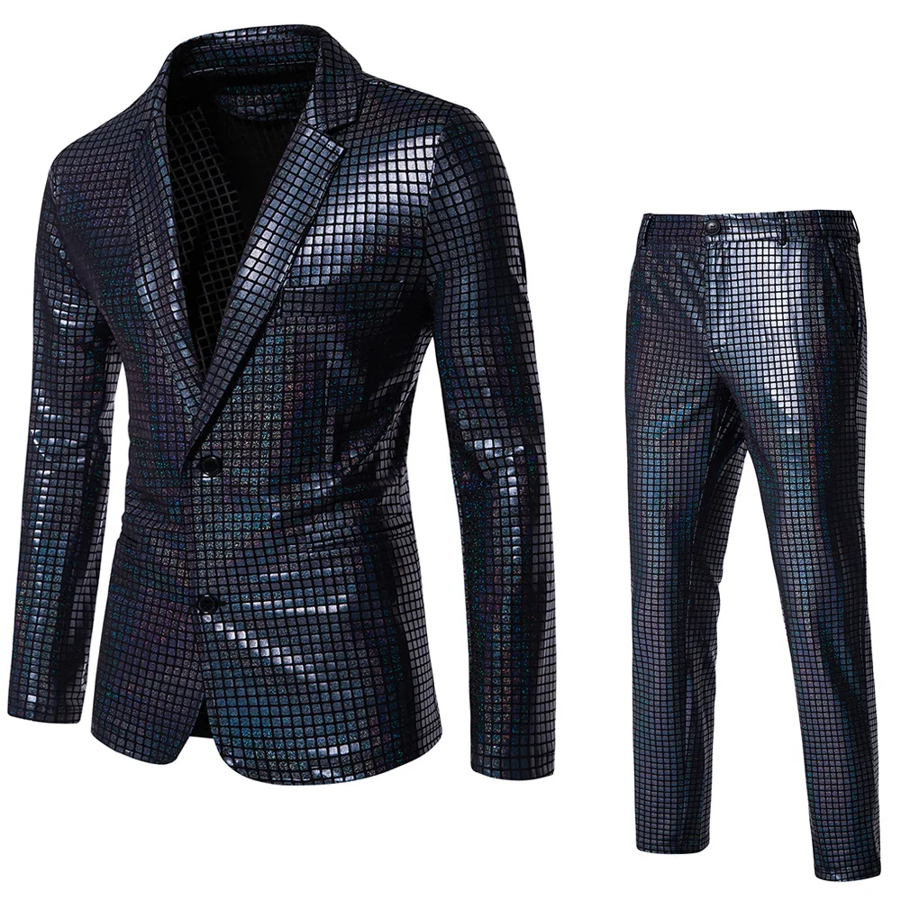 2024 New Blue Striped Suit Two Piece, Men\'s Fashion Suit Jacket and Pants, Black Green Silver Male Sets Size๏ผ S M L XL XXL XXXL