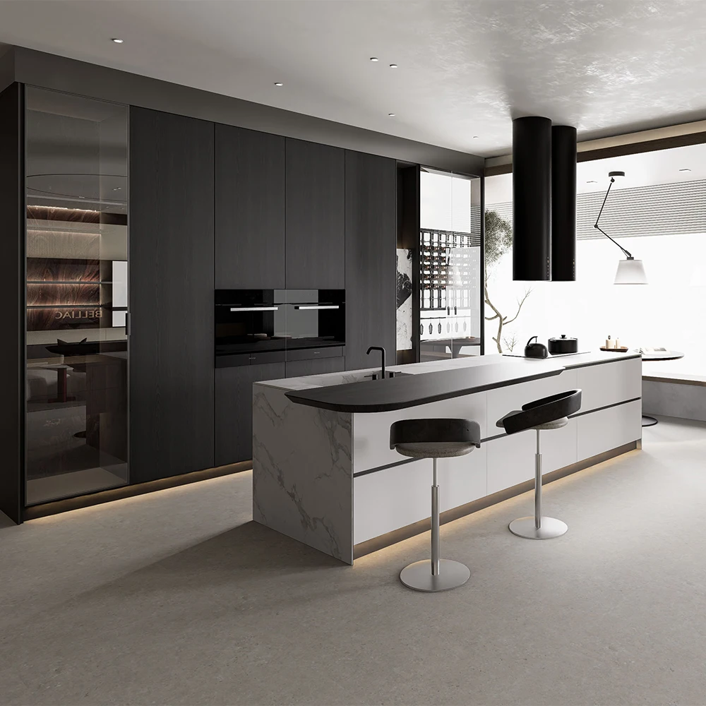 #Wholesale Modern Two-Tone Kitchen Cabinets, Grey Wood Grain & White Lacquer Modular Kitchen Set